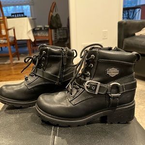 Harley Davidson Black Hi Top Boots Leather Buckle Lace Up FADED GLORY Sz 7